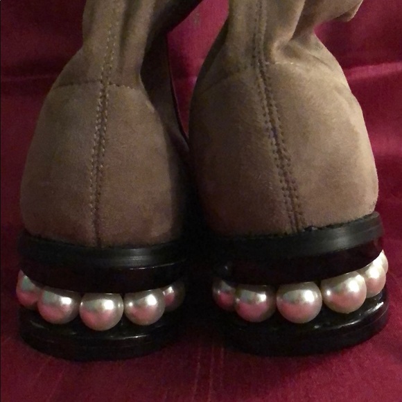 OTK taupe/ tan stretch boots with PEARLS in heels! - Picture 13 of 13